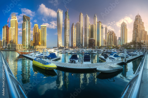 Day view of sea bay with yachts Dubai Marina, UAE
