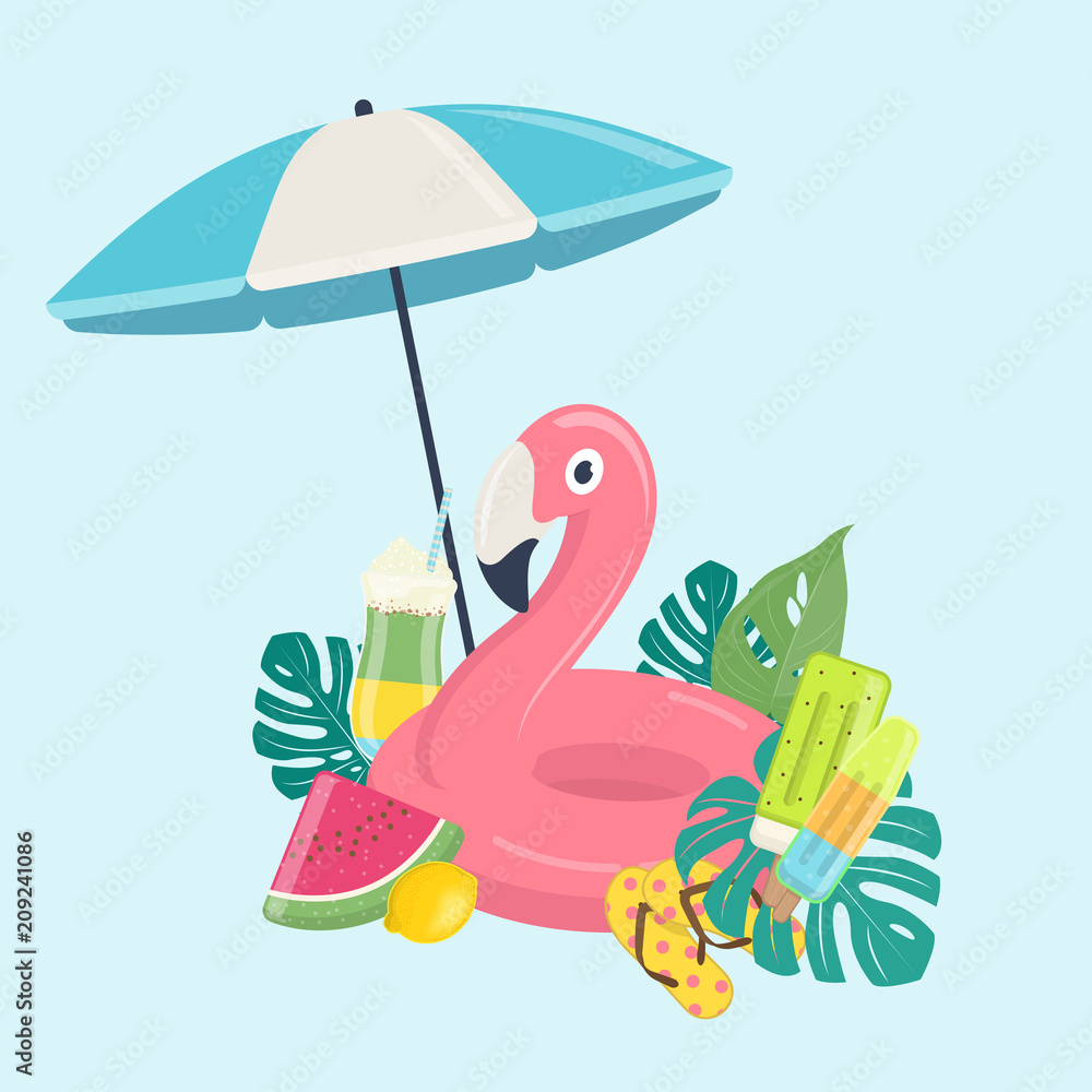 Summer beach template with pink flamingo inflatable pool float, exotic  leaves, fruits and beach umbrella. Summer beach vacations concept. Vector  illustration on blue background Stock Vector | Adobe Stock