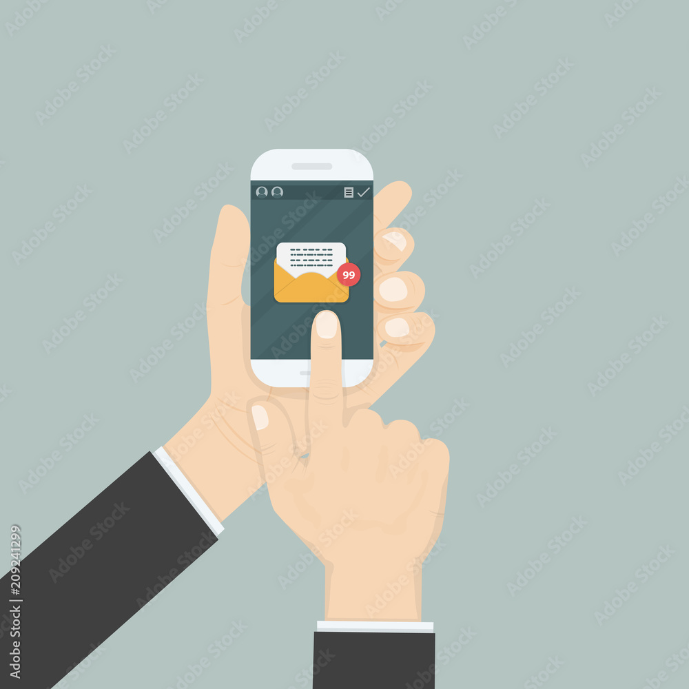 Hand holding smartphone and touching screen with text messaging.Smartphone with new message on screen.Chat,SMS,Instant messaging.Mobile messenger concepts for web sites.Web banners. Hand holding smartphone and touching screen with text messaging.Smartphone with new message on screen.Chat,SMS,Instant messaging.Mobile messenger concepts for web sites.Web banners.