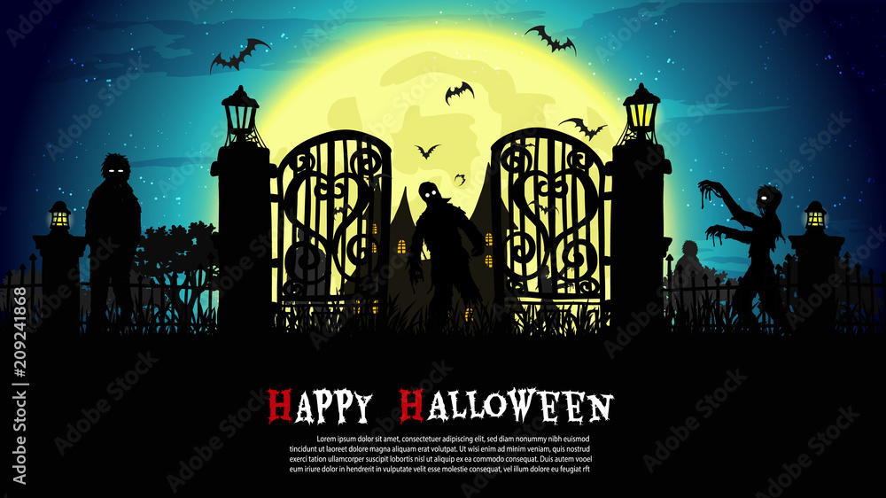 Zombies walking on Halloween night.Halloween background from vector 