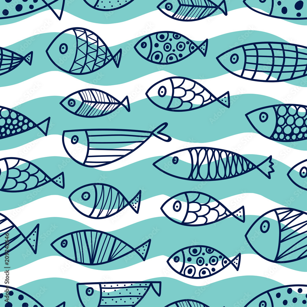 Blue fish. Vector seamless pattern.