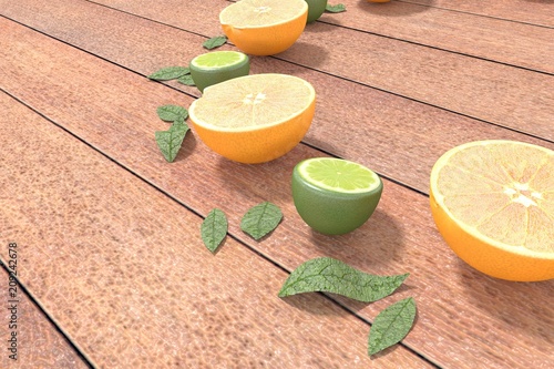 Limes and orange on wood table - n.03 - 3d Rendering