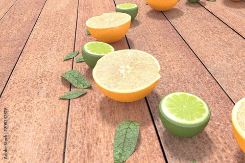 Limes and orange on wood table - n.04 - 3d Rendering