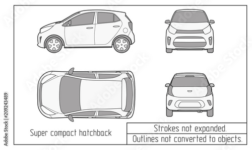 Car vector template on white background. Hatchback isolated. All layers and groups well organized for easy editing and recolor. Outlines not converted to objects.