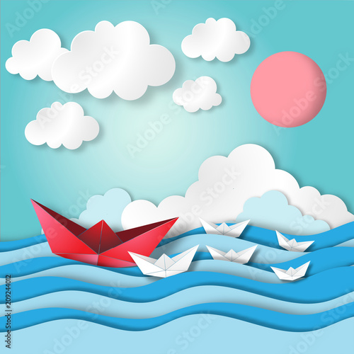 Leadership concept with paper art, origami, ocean or sea view and blue sky paper craft style vector