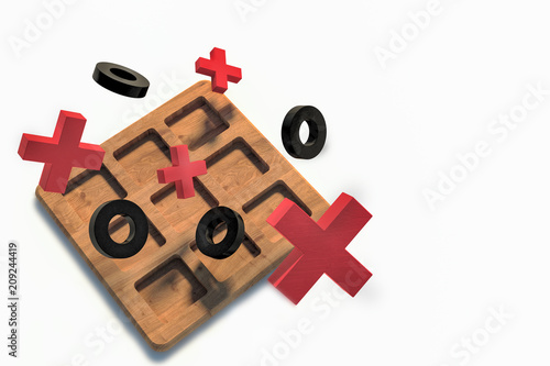 Wooden tic tac toe game on white background. Red crosses and black noughts