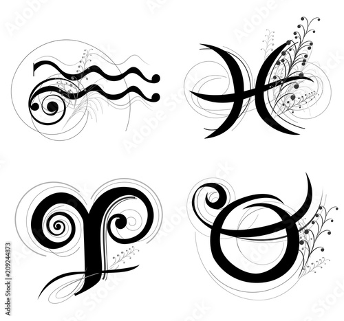 Letter Horoscope or zodiac symbol are Aquarius Pisces Aries and Taurus design classic