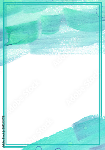 Teal green and turquoise blue abstract brush strokes painted in watercolor surrounded by rectangular double frame on clean white background. International paper size A4 format.