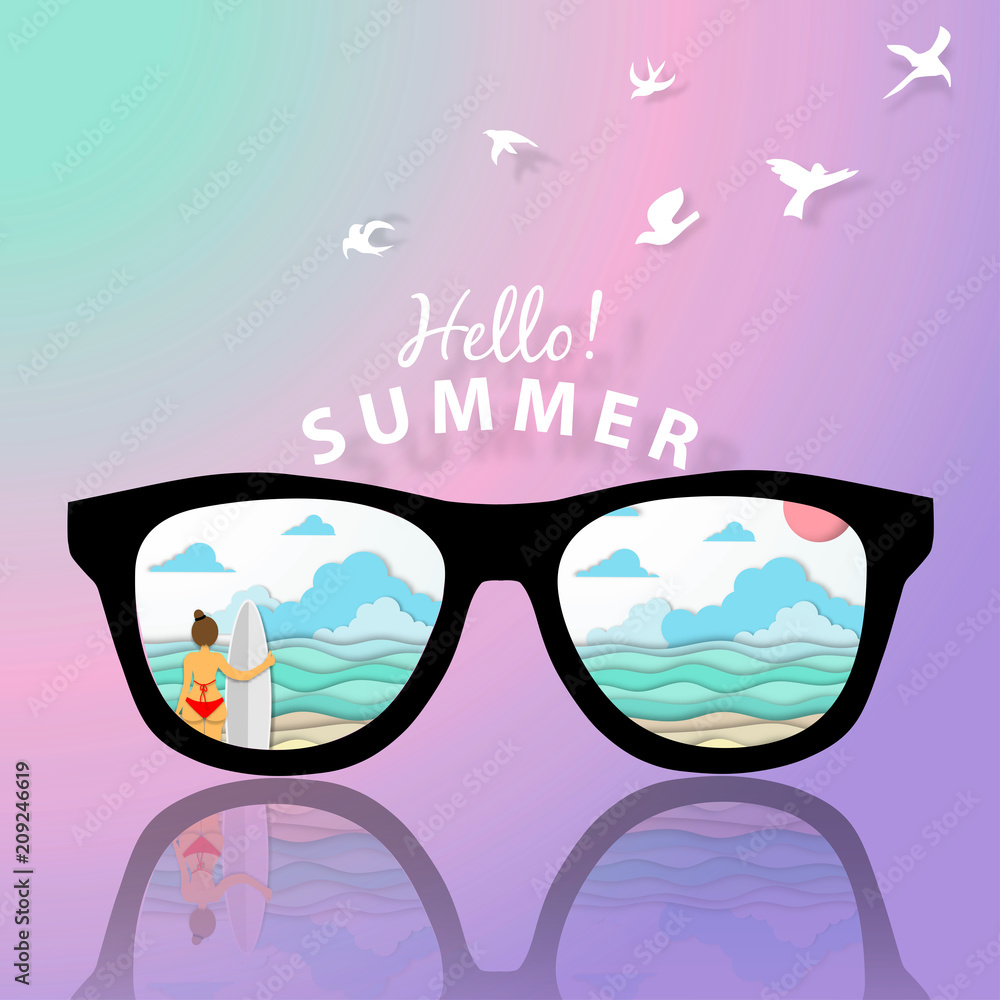 summer pastel background with beautiful beach in sunglass shadow paper art style vector