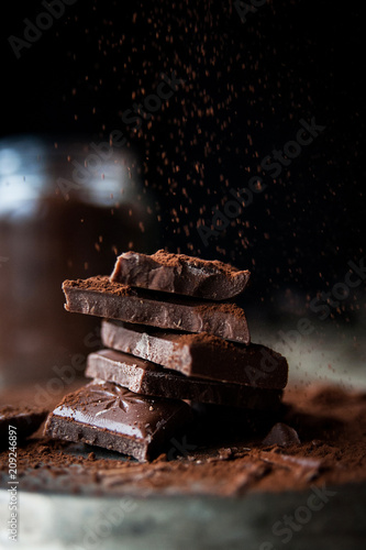 Close up chocolate and cacao’s dust .