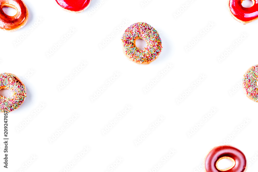 Close up with donuts in sweet shop top view space for text