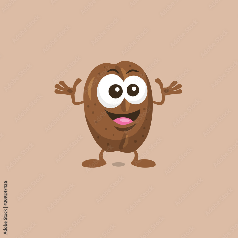 Illustration of cute decisive coffe bean mascot isolated on light background. Flat design style for your mascot branding.