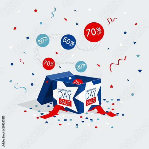 Special independence day sale symbol with gift, flying colorful labels and confetti isolated on light background. Easy to use for your design with transparent shadows.
