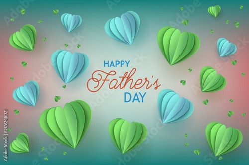 Happy fathers day poster template with lettering inscription on papercut origami style air balloons on green background. Family holiday celebration banner, greeting or invitation card vector
