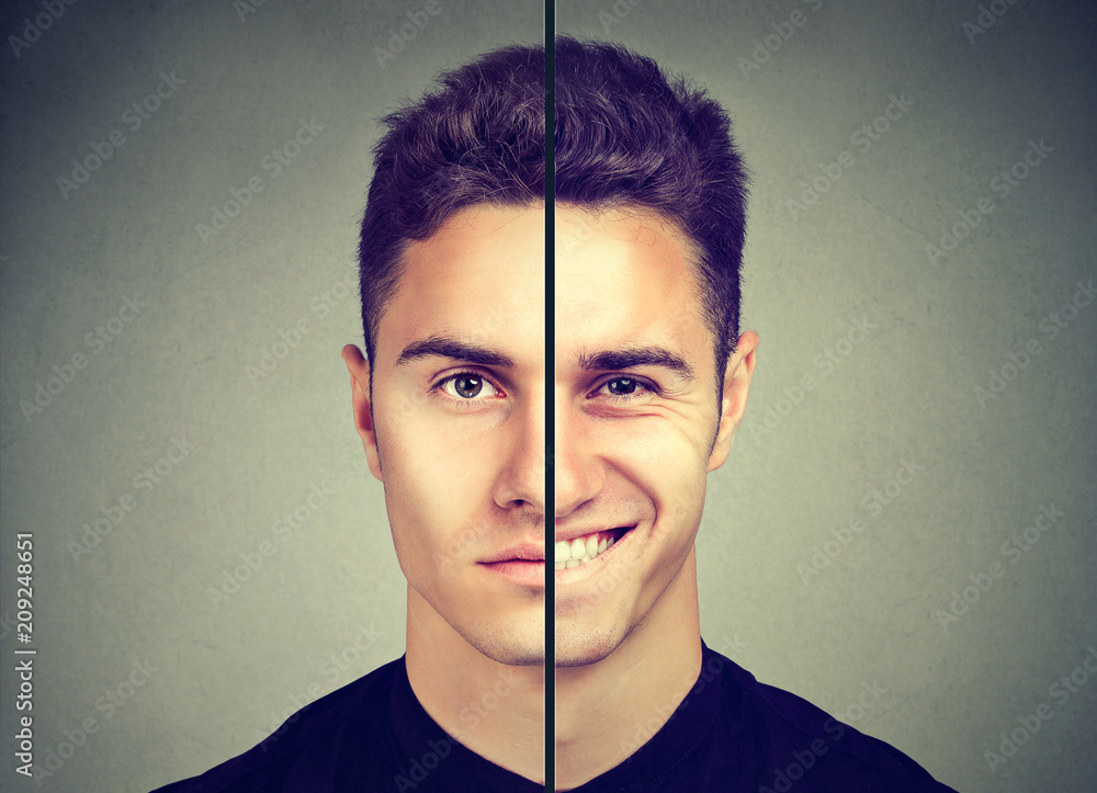 Man with double face expression Stock Photo