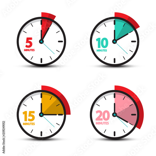 5, 10, 15, 20 Minutes Analog Clock Icons. Vector Time Symbol.