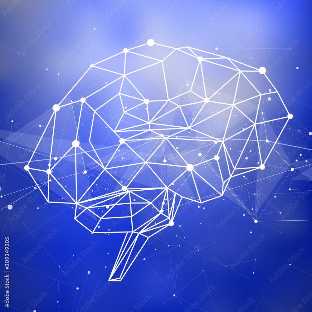 human brain of triangles, lines & dots located on a blue technological background - conceptual illustration symbolizing artificial intelligence & modern biotechnology & HUD interface