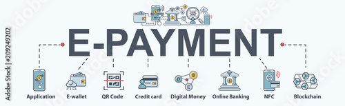 E-payment banner web icon for business, Application, E-wallet, NFC, QR code, Digital money, digital banking and block chain system payment. Minimal vector infographic.