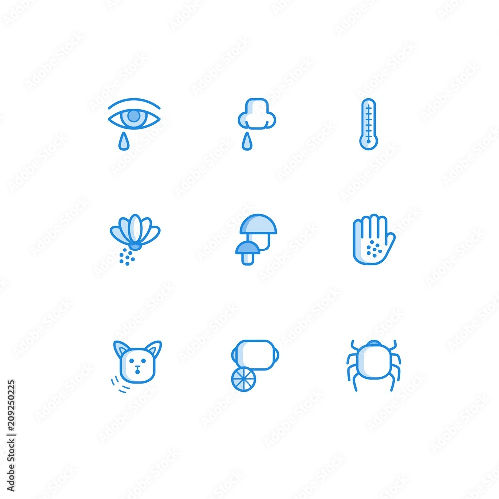 Allergy outline icons set with symptoms of disease and factors that cause body reaction isolated on white background - various allergens and humans conditions in line vector illustration. Allergy outline icons set with symptoms of disease and factors that cause body reaction isolated on white background - various allergens and humans conditions in line vector illustration.