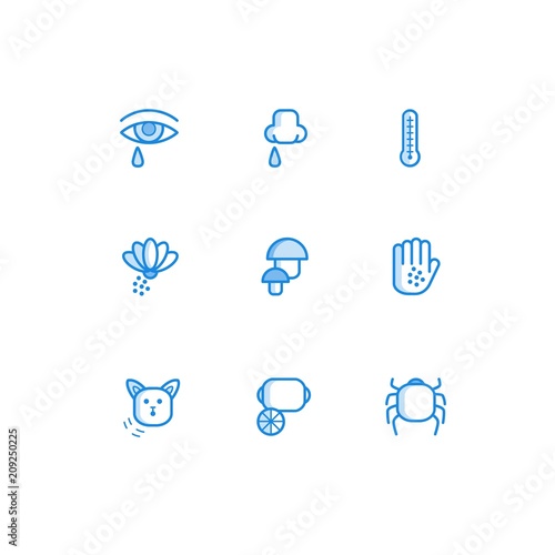 Allergy outline icons set with symptoms of disease and factors that cause body reaction isolated on white background - various allergens and humans conditions in line vector illustration.