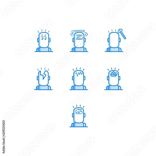 Headache types outline icons set - various symbols of human head with different pain isolated on white background. Line pictograms of migraine symptom in vector illustration.