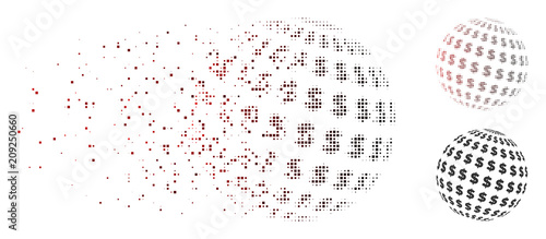 Vector dollar abstract sphere icon in fractured, dotted halftone and undamaged whole versions. Disintegration effect uses rectangular scintillas and horizontal gradient from red to black. photo