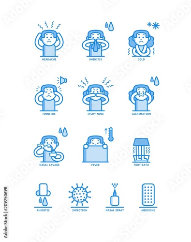 Woman having rhinitis line icons set isolated on white background. Various symptoms of disease with runny nose and methods of treatment - female outline character with coryza in vector illustration.