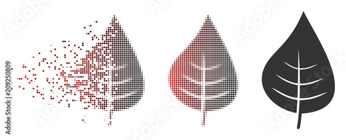 Vector plant leaf icon in dispersed, dotted halftone and undamaged entire variants. Disappearing effect involves rectangular dots and horizontal gradient from red to black.