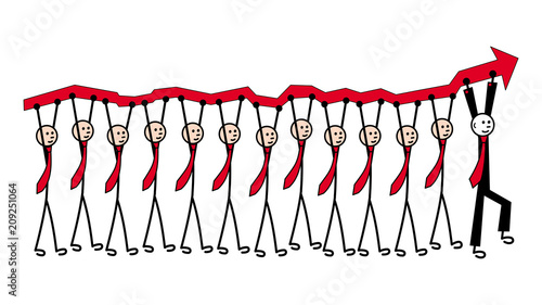 12 men in ties are carrying a red arrow, a growth chart. Ahead in a black suit is the leader. Metaphor of leadership and teamwork. Vector graphics.