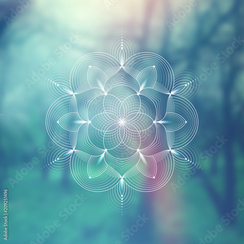 Template of banner for web and social media, square format; Spiritual sacred geometry; Yantra, chakra or lotus on psychedelic blurred background; Yoga, meditation and relax.