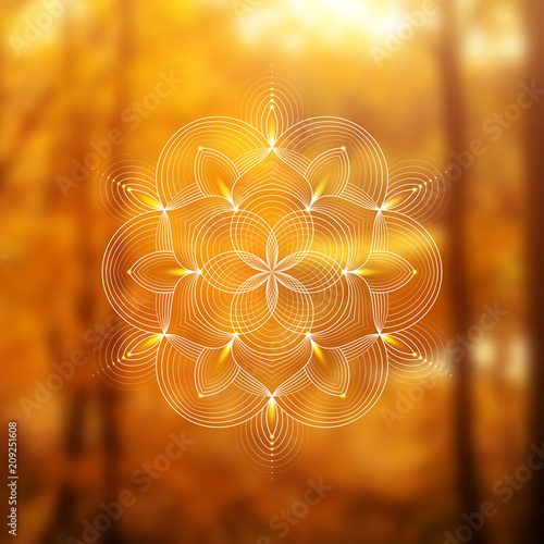 Template of banner for web and social media, square format; Spiritual sacred geometry; Yantra, chakra or lotus on psychedelic blurred background; Yoga, meditation and relax.