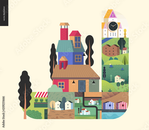 Simple things - houses - flat cartoon vector illustration of colourful countryside house, isolated building, tower, striped portuguese houses, farmland, castle, tower clock - houses composition