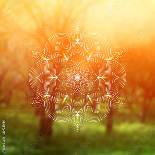 Template of banner for web and social media, square format; Spiritual sacred geometry; Yantra, chakra or lotus on psychedelic blurred background; Yoga, meditation and relax.