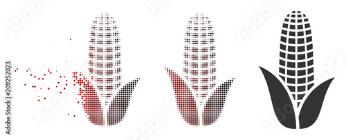 Vector corn icon in dissolved, dotted halftone and undamaged solid variants. Disintegration effect involves rectangle scintillas and horizontal gradient from red to black.
