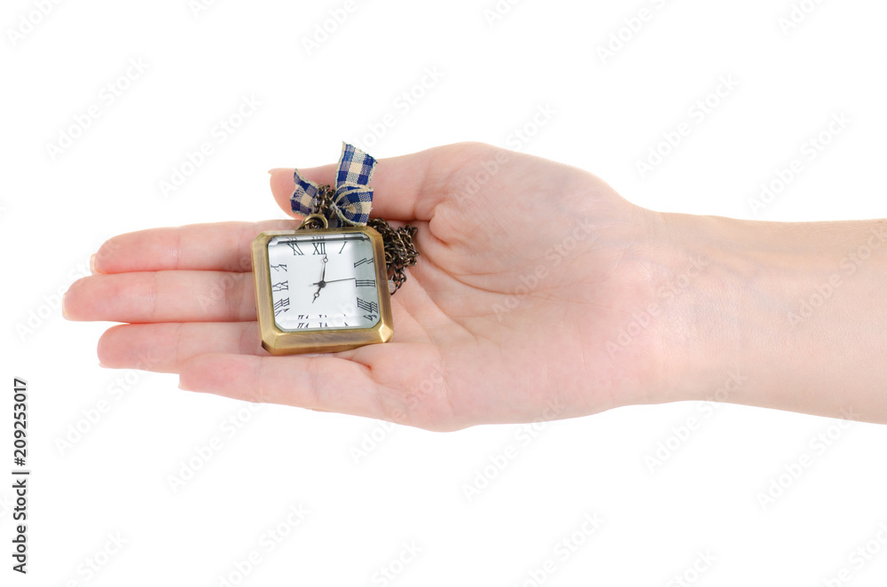 Fototapeta premium Clock on chain in hand on white background isolation
