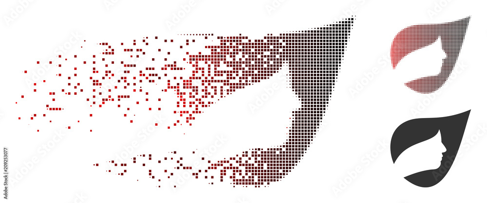 Vector natural herbal cosmetics icon in dissolved, dotted halftone and undamaged whole variants. Disappearing effect involves square dots and horizontal gradient from red to black.