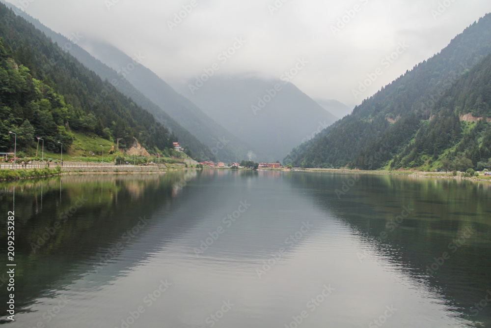Beautiful landscape background in the Uzungol Lake reflection