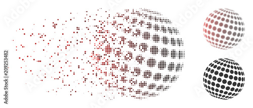 Vector abstract dotted sphere icon in fractured, dotted halftone and undamaged entire variants. Disintegration effect uses rectangular scintillas and horizontal gradient from red to black.