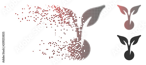Vector seed sprout icon in fractured, pixelated halftone and undamaged whole variants. Disappearing effect involves rectangle dots and horizontal gradient from red to black.