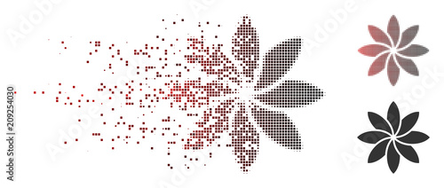 Vector abstract flower icon in sparkle, pixelated halftone and undamaged whole versions. Disappearing effect involves square sparks and horizontal gradient from red to black.