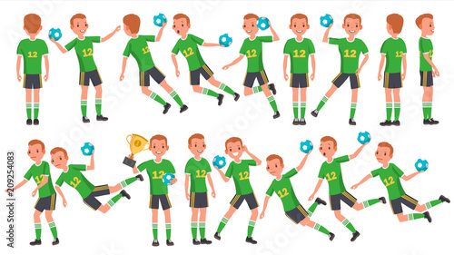 Handball Male Player Vector. In Action. Throws Ball In Jump. Poses. Attack Figure. Cartoon Character Illustration