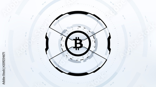 Bitcoin cryprocurrency futuristic black and white vector illustration for background, HUD, GUI, banner, business and finance, advertising and more. Worldwide digital money blockchain system technology
