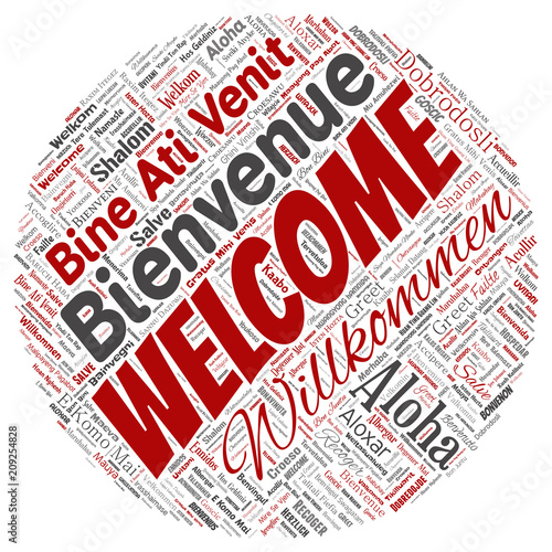 Vector conceptual abstract welcome or greeting international round circle red word cloud in different languages or multilingual. Collage of world, foreign, worldwide travel translate, vacation tourism