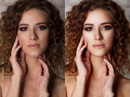 Before-after processing. Woman before and after retouch. comparison portraits with make-up