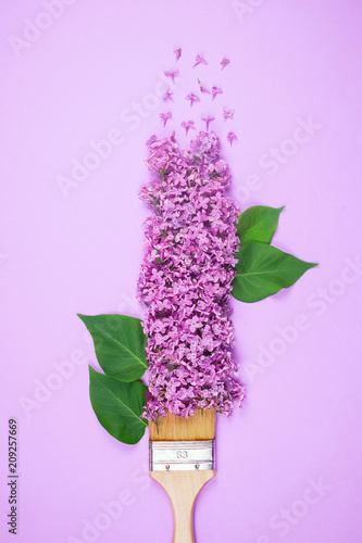 Wooden bristle brush with purple lilac flowers