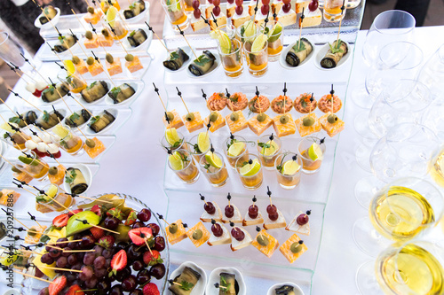 appetizers on skewers, desserts. fruit smoothie. Salads. Snacks. Buffet 