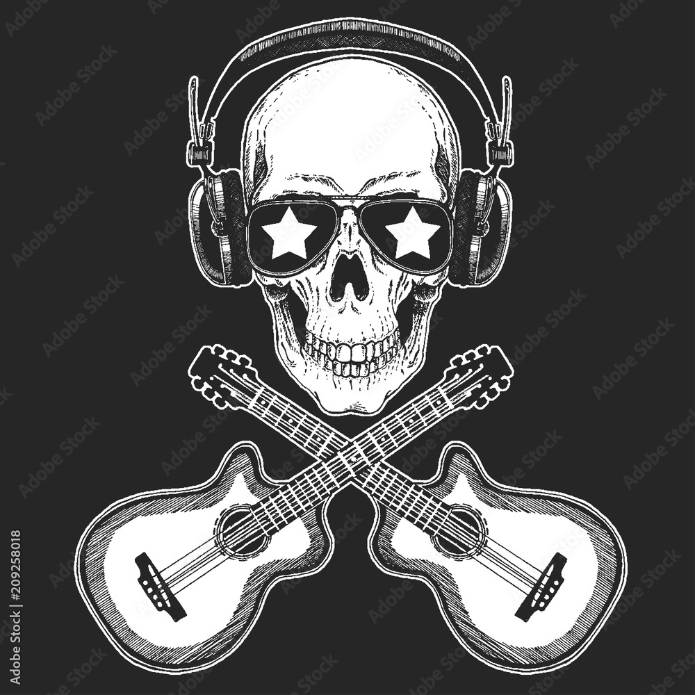 Fototapeta premium Cool rock star skull wearing disco glasses and headphones Retro music festival. Wings. Heavy metall emblem for concert, poster, t-shirt
