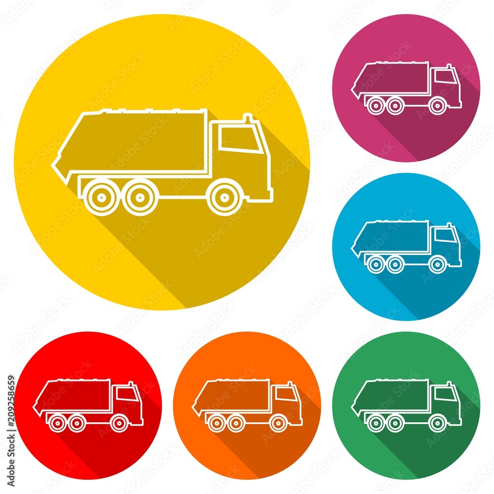 Recycle truck icon, Garbage Truck, color icon with long shadow Recycle truck icon, Garbage Truck, color icon with long shadow