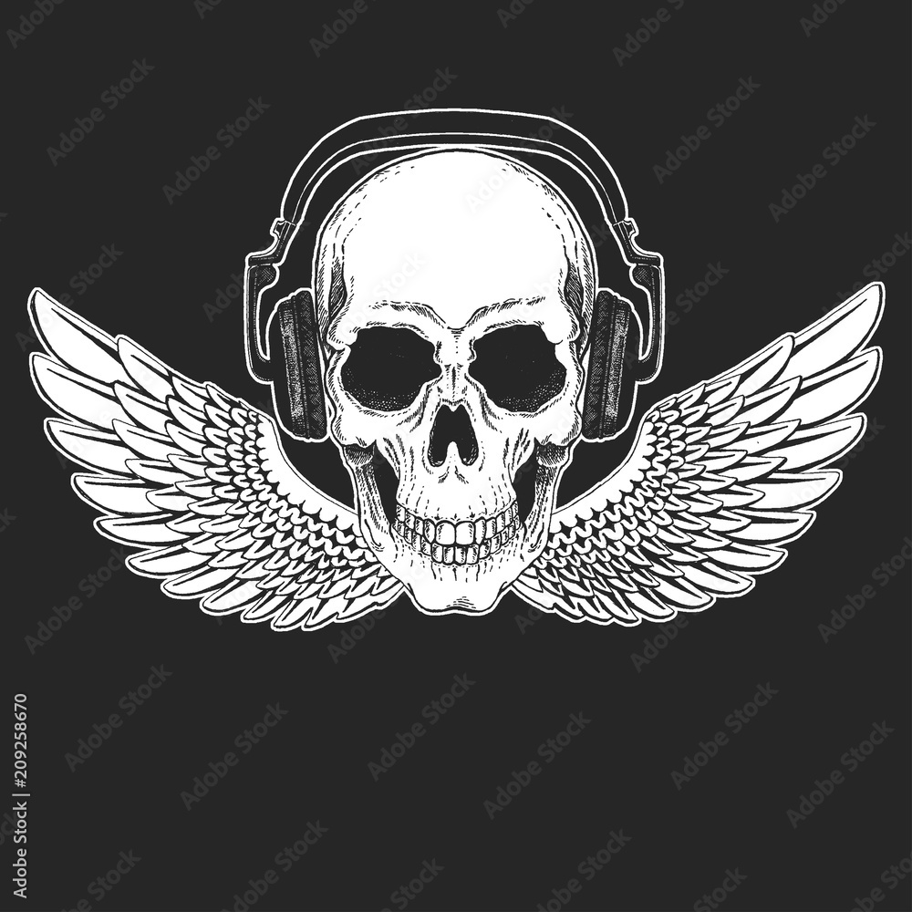 Fototapeta premium Rock music festival. Cool print with skull and headphones for poster, banner, t-shirt.