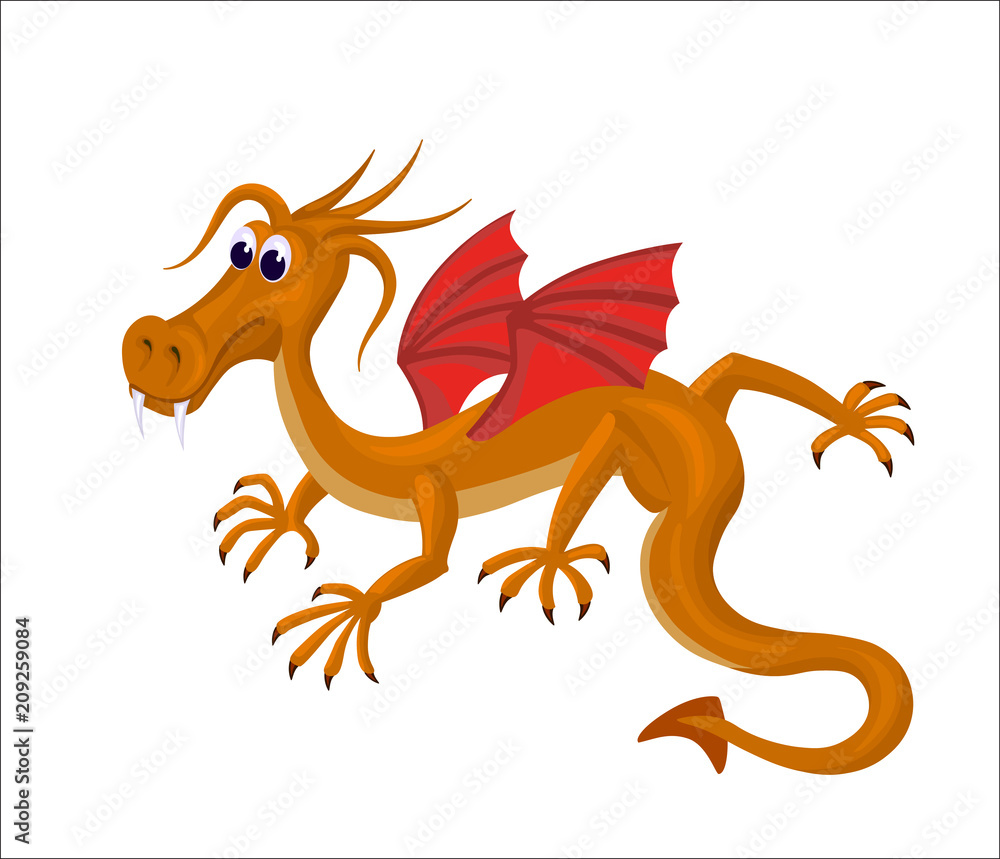 cartoon cute dragon with red wings and big taloons